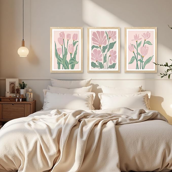 JLTULT 3 Pieces Pink Tulips Floral Wall Art, Boho Pink Green Botanical Wall Decor, Modern Abstract Flowers Paintings Art Prints for Living Room Bedroom Home Office12x16 inch Wood Framed Ready to Hang