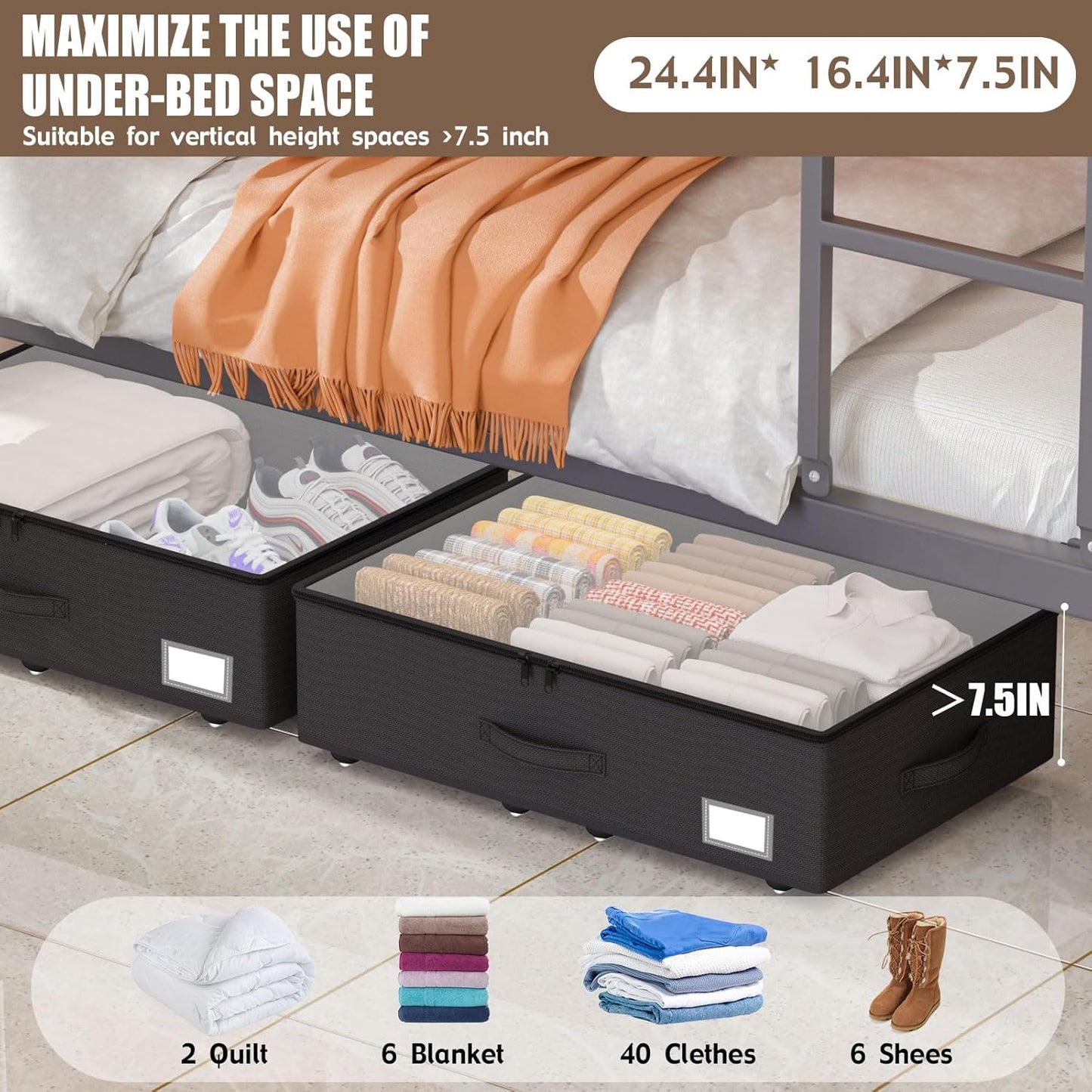 Underbed Storage Bins with Wheels, No Assembly Required - 7.5 inch height Black Large Capacity Rolling Underbed Containers for Shoes, Dorm under bed storage drawers
