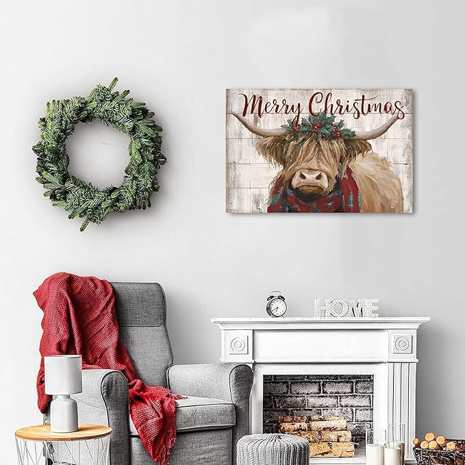 Funny Highland Cow Canvas Wall Art Merry Christmas Wall Decor Christmas Farmhouse Cow Prints Poster Rustic Farm Animal Painting Pictures Western Artwork for Living Room Kitchen Home Decorations 16x24"