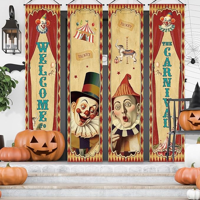 Tiamon 4 Pcs Vintage Christmas Halloween Carnival Porch Banners Retro Santa Clown Stretching Portraits Wall Decorations Gothic Porch Sign Backdrop for Xmas Indoor Outdoor Hanging Decor (Large Circus)