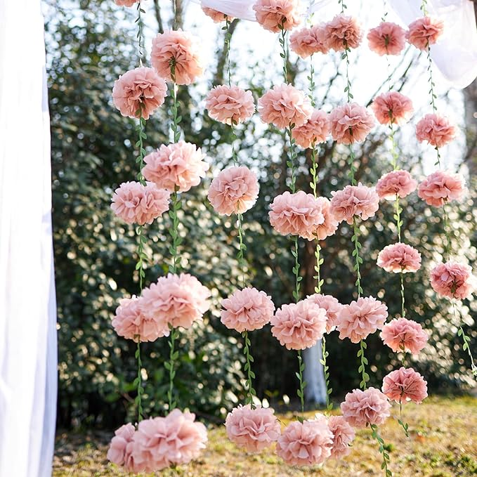 2 Pcs Dusty Pink Flower Garland for Bridal Shower Decorations, Baby Shower Decorations for Girls, Pom Pom Garland, Paper Flowers Party Decorations for Birthday