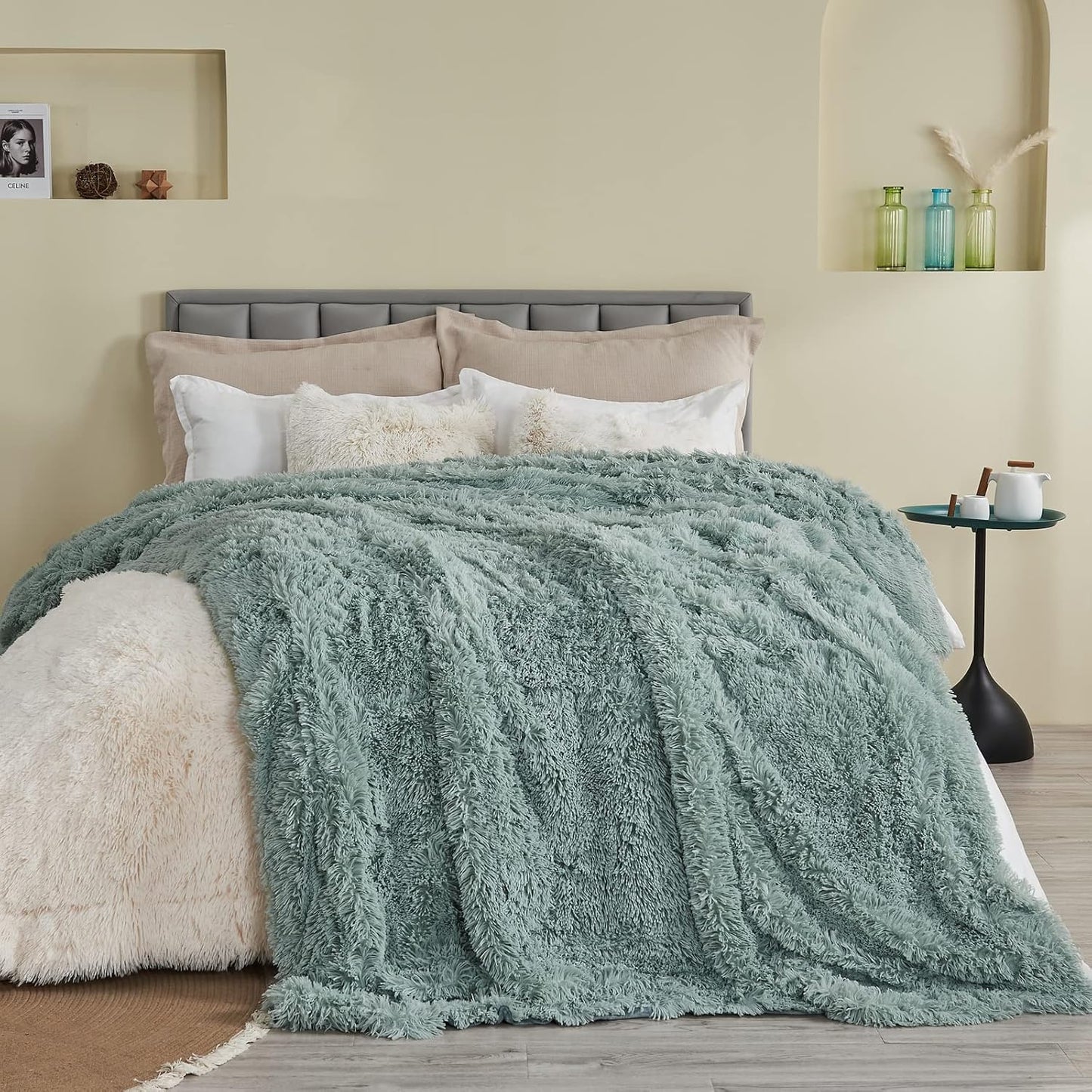 GONAAP Fuzzy Faux Fur Throw Blanket Queen Size Ice Blue Super Soft Cozy Plush Fuzzy Shaggy Blanket for Couch Sofa Bed (Ice Blue, Queen(90"x90"))