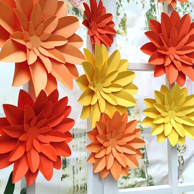 Orange Flower (9 inch-6 inch) for Fall Autumn Thanksgiving Harvest Party Wall Wedding Backdrop Bridal Shower Centerpieces Home Wall Decor Pack of 9