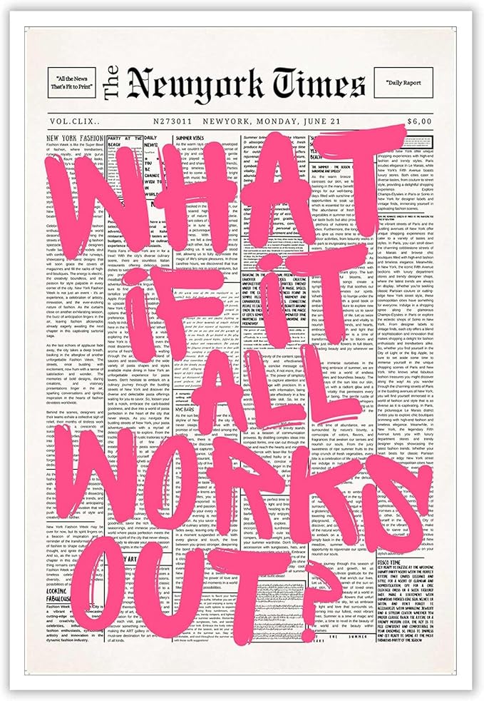 Drimiler Retro Newspaper Pink Font Poster What If It All Works Out Canvas Wall Art Positive Affirming Quote Minimalist Prints Painting For Home Bedroom Dorm Wall Decor 12x18in Unframed