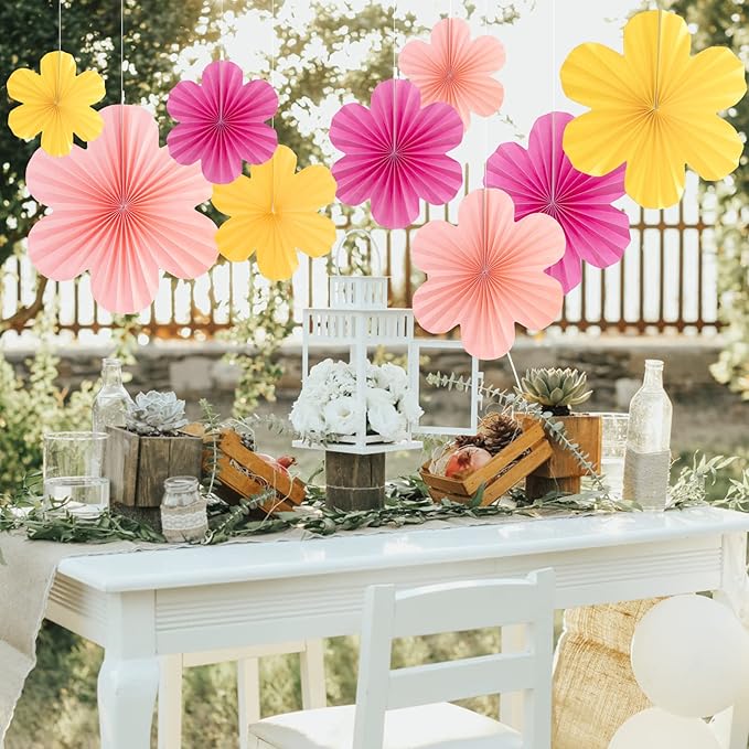 SUNBEAUTY Paper Flowers Decorations for Wall, Paper Flower Fan Classroom Decoration Paper Floral Backdrop Decor Paper Fans Decoration Hanging Paper Fans Pink Yellow Flower Wall Decor