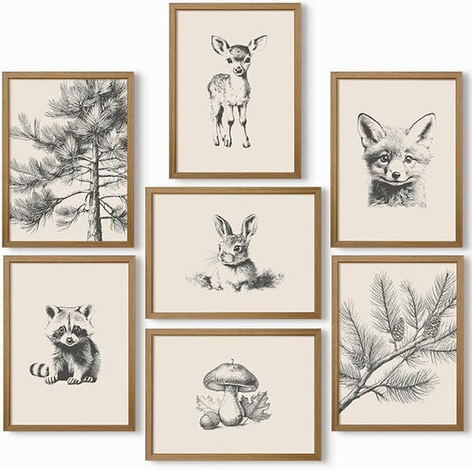 Nursery Wall Art Woodland Animal Canvas Wall Decor Baby Room Pictures Forest Animal Prints Kids Wall Art Pine Tree Poster Nature Vintage Artwork Deer Fox Painting for Bedroom 12x16x7 Inch Framed