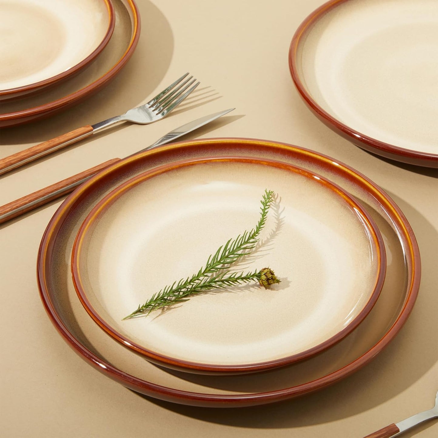 Ceramic Dinnerware Sets for 6, 18 Pieces Stoneware Plates and Bowls Sets, Chip and Crack Resistant Dishes, Dishwasher & Microwave Safe Dishware Sets, Brown Yellow