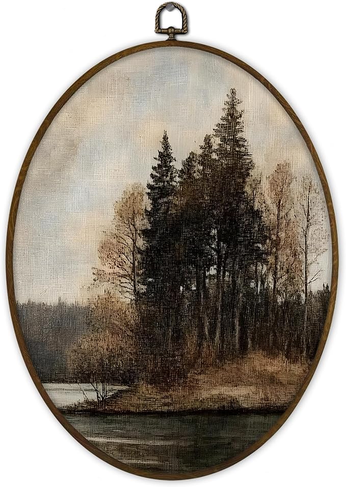 Gnmduw Moody Landscape Oval Wall Art Framed, Rustic Neutral Farmhouse Canvas Prints Hanging Decor,Antique Fall Forest River Landscape Wall Decor for Bedroom Living Room Home, 8.7x11.3 Inch