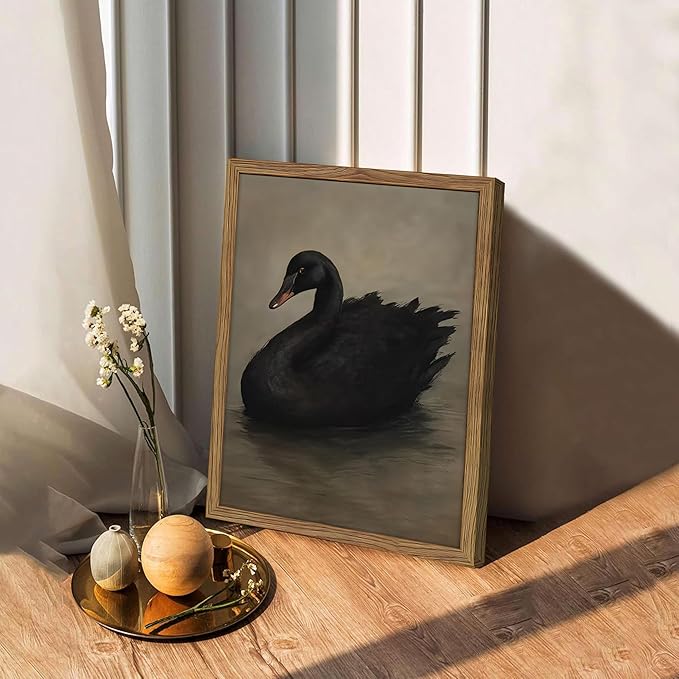 Framed Black Swan Wall Art, Dark Academia Gothic Swan Canvas, Vintage Victorian Animal Pictures Prints, Rustic Farmhouse Wall Decor for Living Room Bedroom Bathroom – 12x16 inch