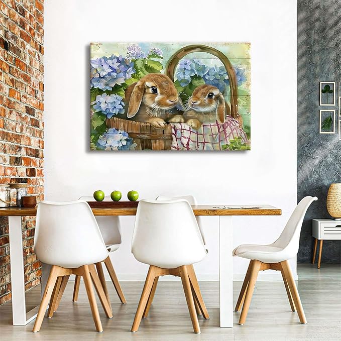 Rabbits Wall Art Easter Wall Decor Blue Flower in Basket Picture Canvas Prints Funny Bunny Poster Vintage Animals Painting Farmhouse Rustic Artwork Kitchen Bedroom Living Room Home Decoration 32x48"
