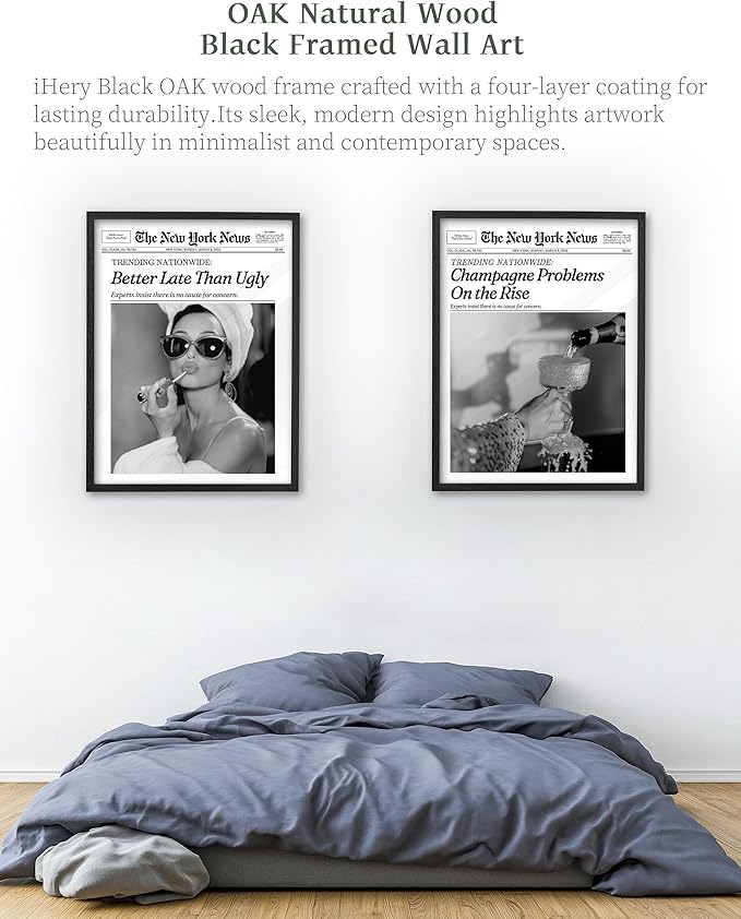 iHery Premium Natural Black OAK Wood 12x16in Champagne Problems On the Rise Newspaper Trendy Framed Wall Art, Vintage Funny Canvas Wall Decor For Girly Dorm Bedroom Living Room 1Pack