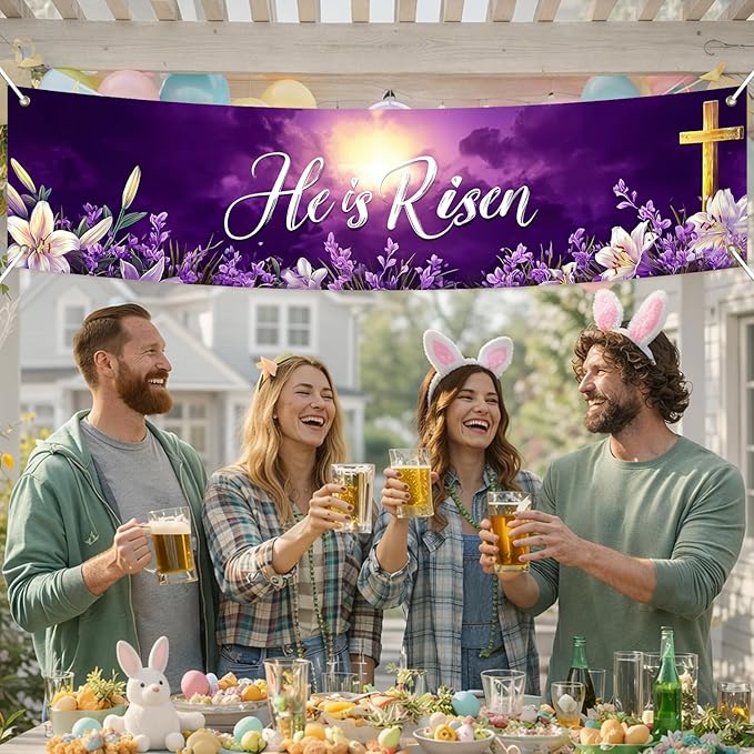 He Is Risen Easter Banner Christian Resurrection Spring Decor 78 x 17 Inch Religious Purple Cross Flower Scene Banner for Church Yard Fence Door Wall Indoor Outdoor Easter Display