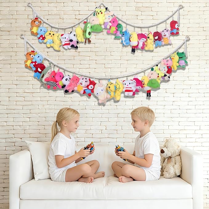 2PCS Stuffed Animals Storage Chain Organizers 80" Cotton Hanging Storage Chain with 40 Metal Clips Stuffed Animal Display Holder Chain for Wall or Corner Nursery Play Room