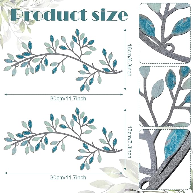 Hotop 2 Pieces Metal Tree Leaf Wall Decor Vine Olive Branch Leaf Wall Art Wrought Iron Scroll Sculptures Above the Bed, Living Room, Outdoor Decoration(Classic Style,Teal)