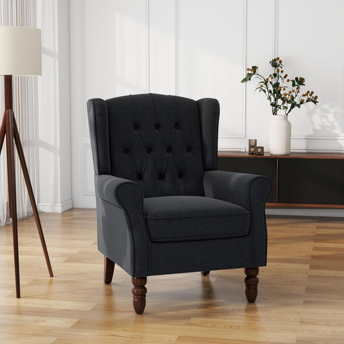 UIXE High Back Accent Chair, Upholstered Armchair in Fabric, Retro Wingback Arm Chair for Living Room, Comfy Single Sofa Bedroom Reading Seat with Solid Wood Legs - Black Blue