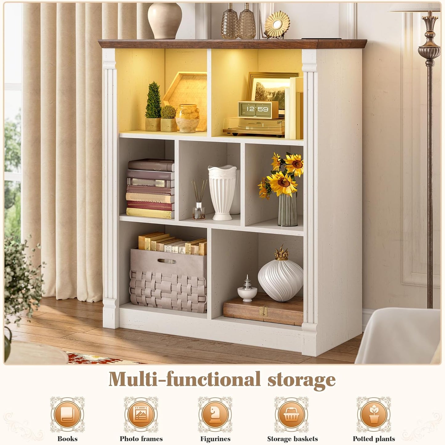 EnHomee 7 Cube Storage Organizer with LED Light and Charging Station Wood Cube Shelf White Bookshelf for Bedroom Living Room,Office,White