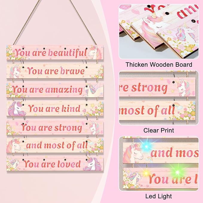 FIOBEE Girls Room Décor for Teen Girls Boys with LED Light Wall Decor for Bedroom Motivational Inspirational Wall Art Girl Room Decoration for Kids Studyroom, 8 Kinds of Lights, Pink Unicorn
