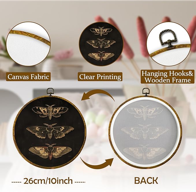 Mcehtle Vintage Butterfly Wall Art Decor, Dark Moody Cottagecore Moth Butterfly Framed Canvas Prints 10x10, Neutral Farmhouse Round Wall Hanging Artwork Decorations for Bedroom Living Room