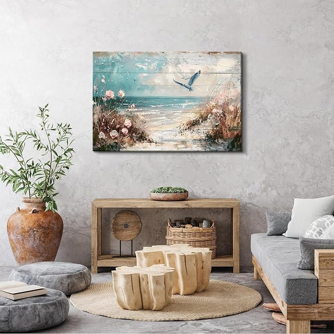 Large Ocean Beach Wall Art Seagull Wall Decor Coastal Picture Canvas Prints Nautical Painting Watercolor Seabird Beach Poster Vintage Seascape Artwork for Kitchen Living Room Home Decoration 32x48"