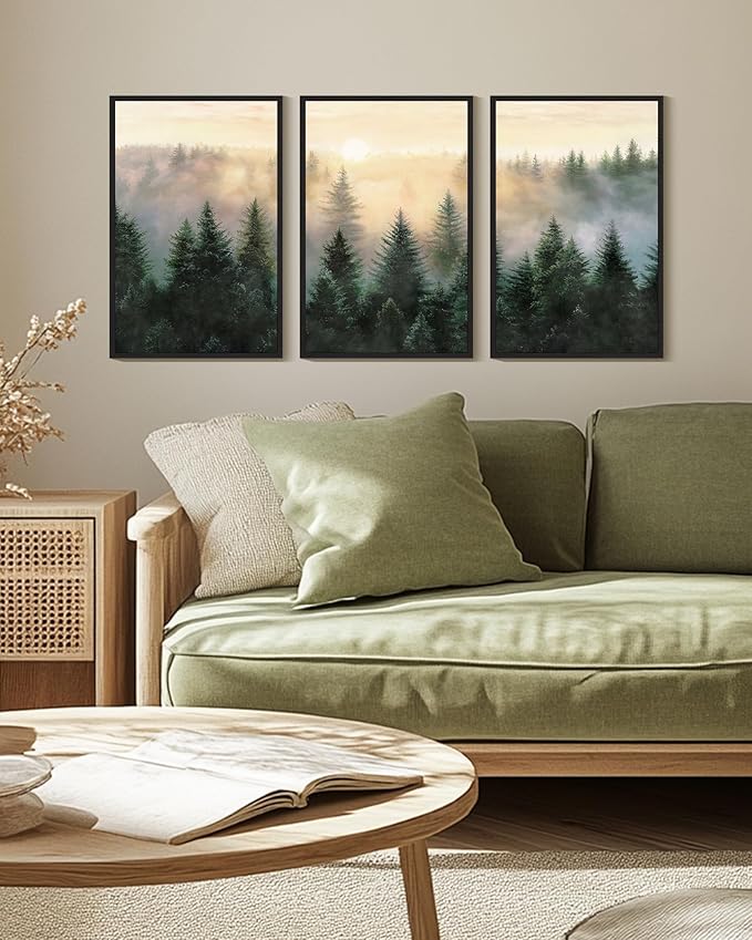 Drsoum Green Fog Pine Tree Landscape Wall Art Framed Nature Misty Nordic Forests Prints Morden Farmhouse Rustic Artwork Hallway Bedroom Ready to Hang 16x24in Black Framed