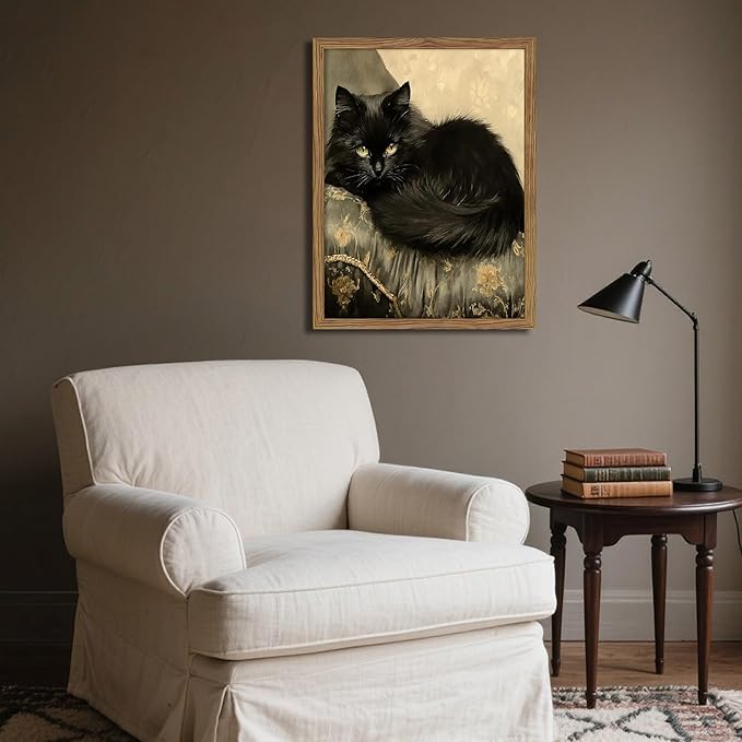 Black Cat Wall Art Framed, Vintage Cat Painting Print, Classical Animal Canvas Wall Decor, Rustic Cottagecore Aesthetic Pictures for Living Room Bedroom Home – 12x16 inch
