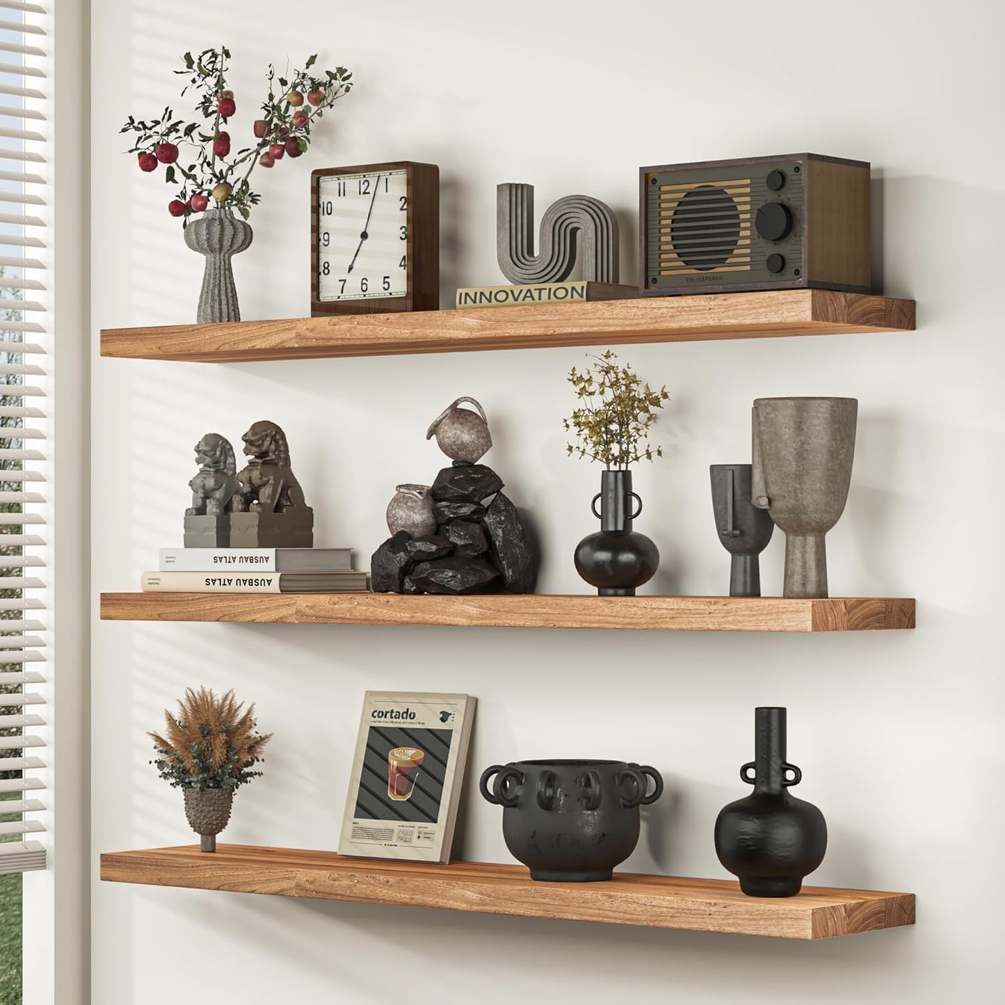 55 Inch Floating Shelves for Wall, Elm Wood Floating Shelves for Home Décor, Wall-Mounted Display Shelves with Heavy-Duty Bracket, Live Edge Long Floating Shelf for Kitchen, Living Room, Natural