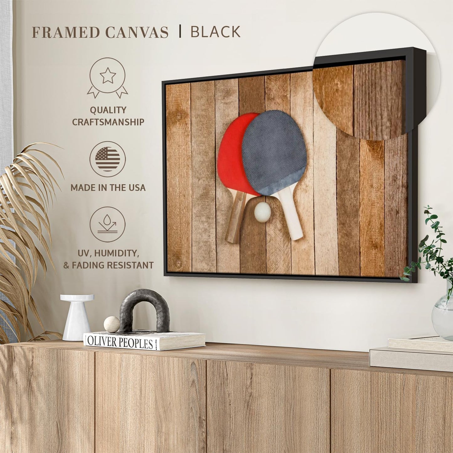 ElephantStock Ping Pong Wall Art - Horizontal Framed Canvas - 1-Piece Living Room Wall Decor - Photography Canvas Print - Brown and Red Decor for Wall - 25" X 17"