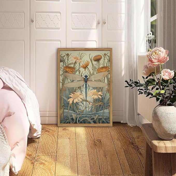 Framed Vintage 3D Textured Wall Art Green Dragonfly Flowers Wall Decor Hand Drawn Sandstone Nature Botanical Pictures for Living Room Bedroom 16x24 inch