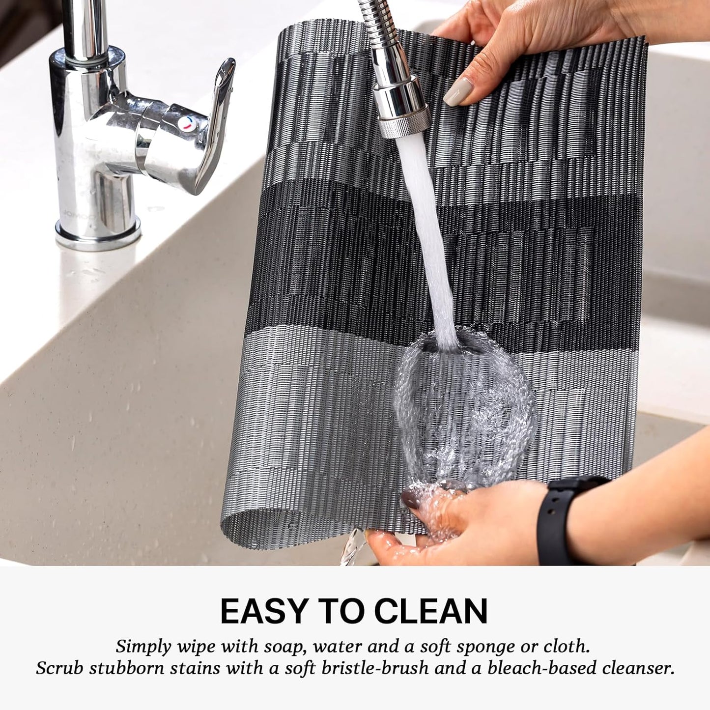 LEXMORE Placemats Set of 8 Vinyl/Plastic Woven Place Mats for Kitchen Table Indoor/Outdoor Washable Placemat Wipeable Dining Table Mats(E-Silver Gray Black)