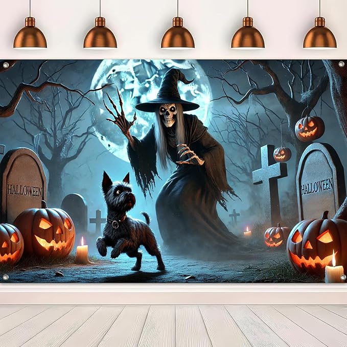 Halloween Witch Cemetery Banner 71x43 Inch Funny Dog and Skeleton Witch Banner Graveyard Wall Decor with Pumpkins and Moon for Spooky Trick or Treat Party Indoor Outdoor Decoration