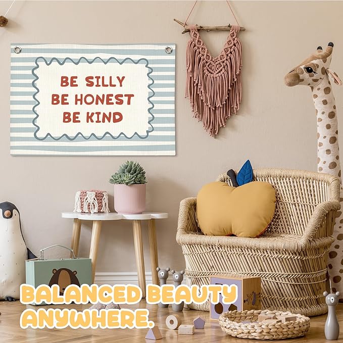 Blue Kids Room Decor, Boy Nursery Decor Boho Retro Classroom Wall Hanging Canvas Banner, Be Silly Honest Kind Classroom Wall Art Decor for Kids Nursery Toddler Room Bedroom Playroom, 30x20 Inch