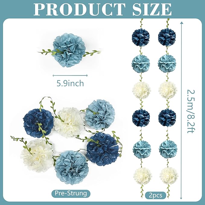 Dusty Blue Party Decorations Dusty Navy Blue Beige Tissue Paper Flowers Pom Pom with Leaf Ribbon Hanging Garland Streamer for Birthday Baby Shower Wedding Graduation Retirement Nautical Party Supplies