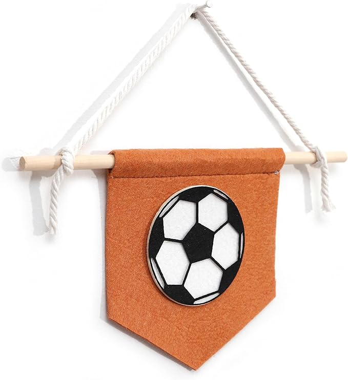 Sports Pennant Wall Hanging, Felt Basketball Football Soccer Wall Art, 11.8x6.6 Inches, Wooden Stick, Kids Room Decor (Football Wall Art) (Soccer Banner)