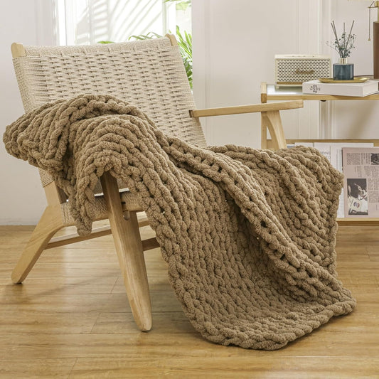 WESHIONGOO Chunky Knit Blanket Throw 40"×40" Knitted Throw Blankets for Couch Bed Fluffy Soft Blanket with Jumbo Chenille Yarn Thick 100% Handmade (Brown)