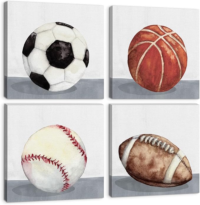 4 Panel Sports Wall Art Boys Room Decor Soccer Posters Baby Nursery Toddler Decor Baseball Basketball Football Canvas Prints Pictures Boy Bedroom Decorations Watercolor Balls Painting Artwork 16x16”