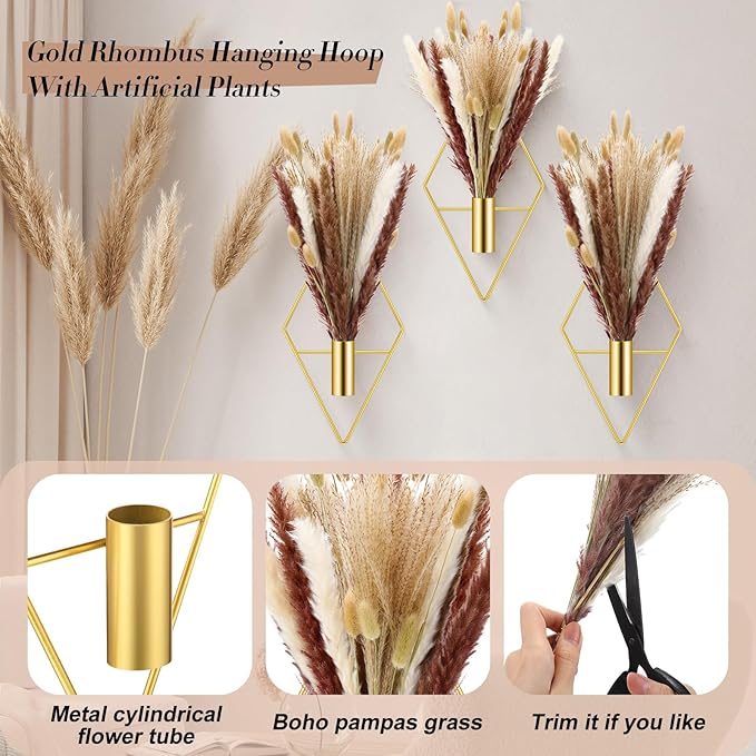 Hanaive 4 Sets Boho Gold Wall Decor Metal Wall Art Hanging Planters with Artificial Pampas Display Art Modern Home Metal Vase for Bedroom Room Home Office (Gold,Mixed Style)