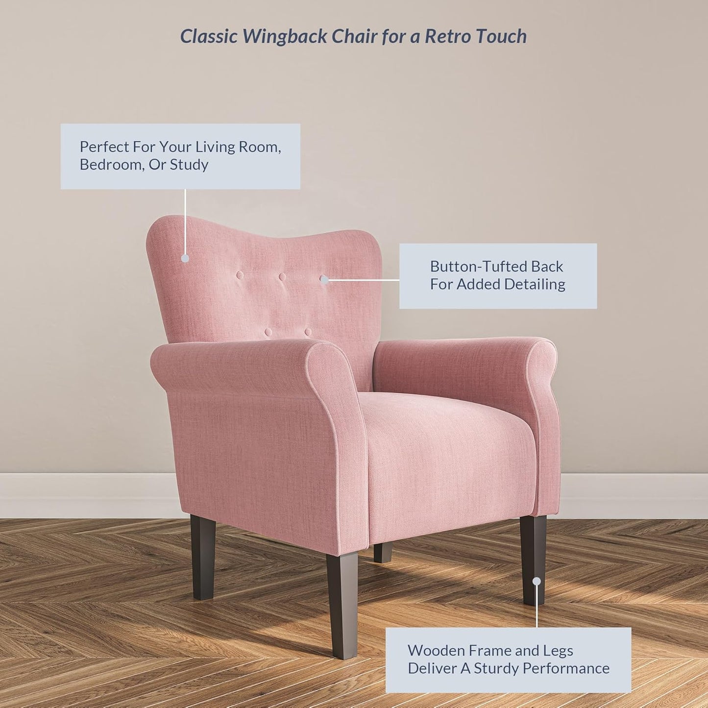 BELLEZE Modern Accent Chair for Living Room, High Back Armchair with Wooden Legs, Upholstered Wingback Side Chair Padded Armrest Single Sofa Club Chair for Living Room, Bedroom - Allston (Pink)