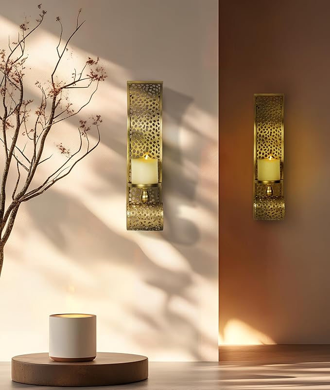 Gold Candle Sconces - Metal Wall Candle Holders for Living Rooms hallways Decorative Set of 2