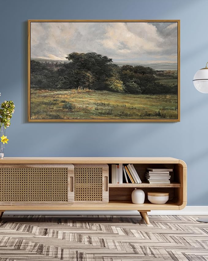 SHENIFY Vintage Landscape Framed Wall Art Rustic Countryside Meadow Farmhouse Decor Retro Vast Grassland Painting for Hallway Living Room Bedroom Dining Room - 24x36in Natural Framed