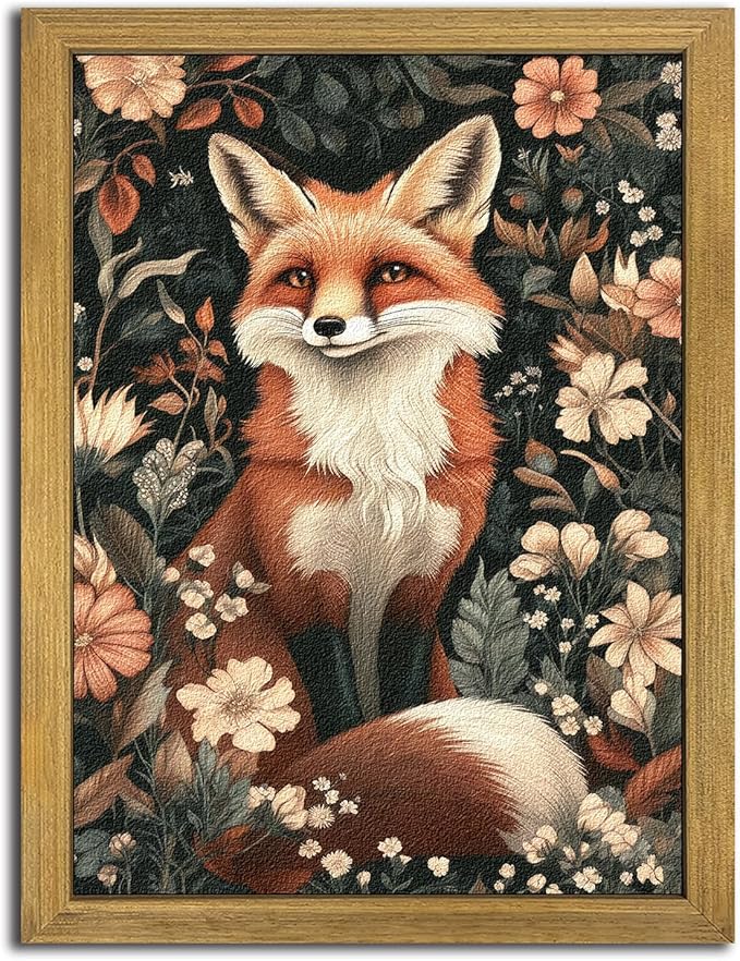 Framed 3D Textured Vintage Wall Art, Hand Drawn Sandstone Fox Wall Decor Paintings, Whimsical Forest Animal Floral Botanical Aesthetic Picture, Cottage Core Home Nursery Decor 12x16 inch