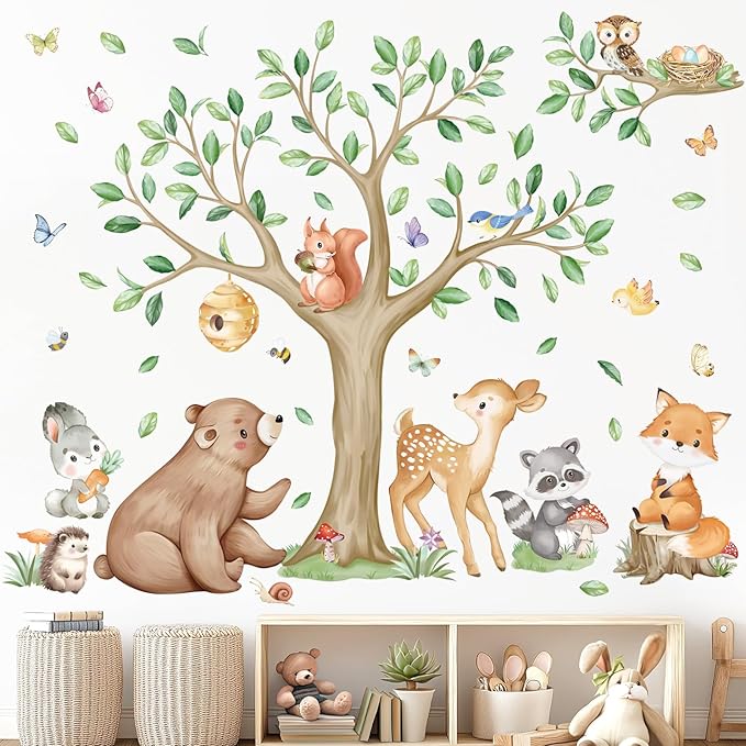 wondever Woodland Animal Tree Wall Stickers Bear Deer Fox Owl Peel and Stick Wall Art Decals for Baby Nursery Kids Bedroom Living Room