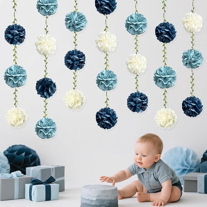 Dusty Blue Party Decorations Dusty Navy Blue Beige Tissue Paper Flowers Pom Pom with Leaf Ribbon Hanging Garland Streamer for Birthday Baby Shower Wedding Graduation Retirement Nautical Party Supplies