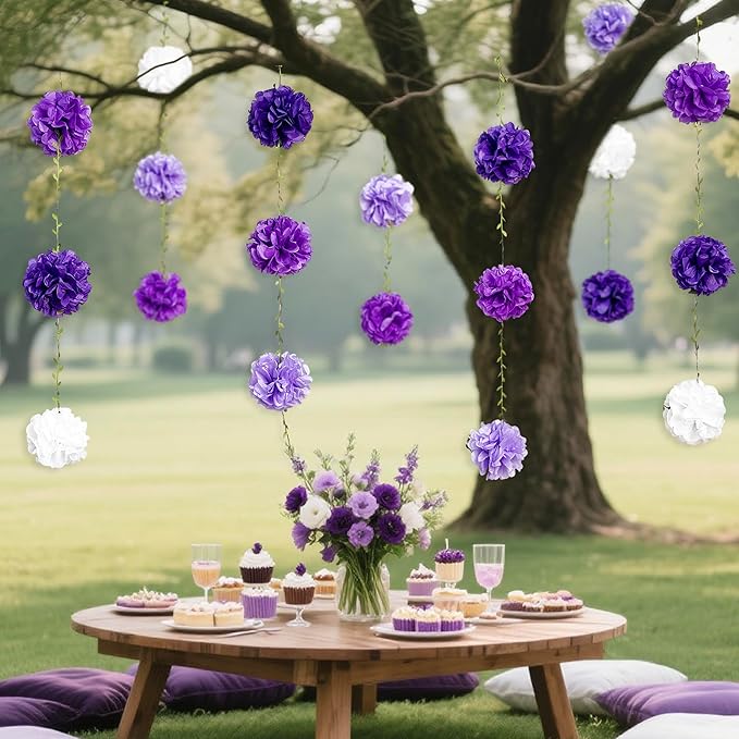 Ombre Purple White Party Decorations Lavender White Tissue Paper Flowers Pom Pom with Leaf Ribbon Hanging Garland Streamer for Birthday Baby Shower Bachelorette Wedding Lilac Violet Party Supplies