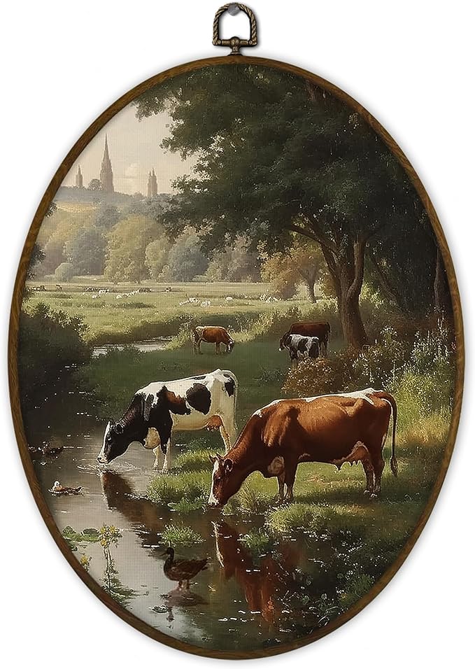 Gnmduw Vintage Cow Landscape Oval Wall Art Framed, Rustic Farmhouse Cow Scene Canvas Prints Hanging Decor, Cottage Rustic Farm Animal Wall Decor for Barn Cabin Bedroom Living Room, 8.7x11.3 Inch