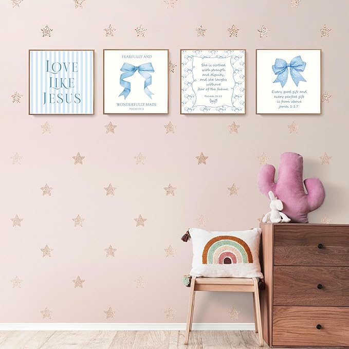 LARTSFRO Coquette Blue Bow Jesus Wall Art Decor Posters, Light Blue Bow Christian Room Bedroom Bathroom Wall Art Decor Aesthetic for Teen Girls Gifts, Inspirational Bible Verses Bow Wall Decor, 10x10 Inch Set of 4 Bow Pictures(UNFRAMED)
