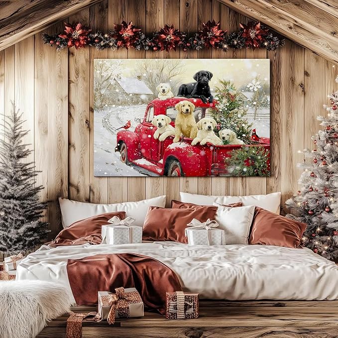 Vintage Christmas Wall Art Winter Farmhouse Scenic Wall Decor Red Truck Christmas Tree Canvas Prints Cute Puppy Pictures Snow Country Landscape Artwork for Bedroom Kitchen Home Decorations 32x48"