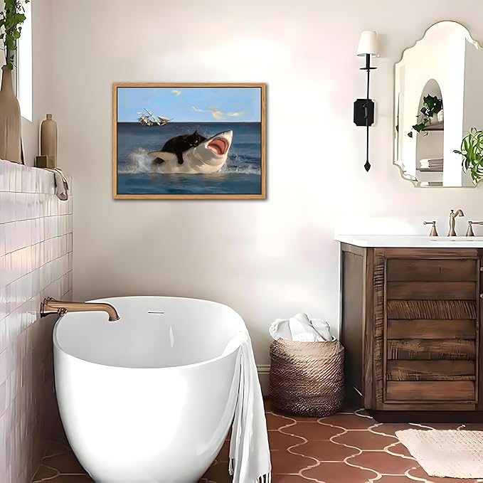 Floating Framed Black Cat Wall Art, Funny Quirky Cat and Shark Pictures Canvas Print, Abstract Black Cat Shark Posters Wall Decor for Room Bedroom Living Room Bathroom Aesthetic 12x16 inch