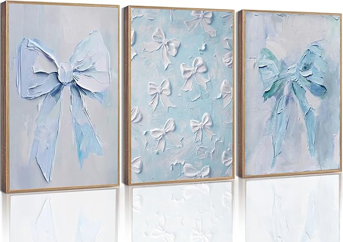 3Pcs Trendy Blue Bow Canvas Wall Art Vintage Cute Preppy Watercolor Bow Painting Pictures Wall Decor Posters Prints Girly Aesthetic for College Apartment Bedroom Decoration Unframed