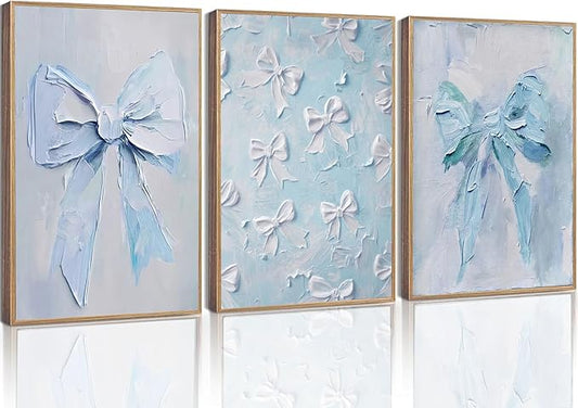 3Pcs Trendy Blue Bow Canvas Wall Art Vintage Cute Preppy Watercolor Bow Painting Pictures Wall Decor Posters Prints Girly Aesthetic for College Apartment Bedroom Decoration Unframed