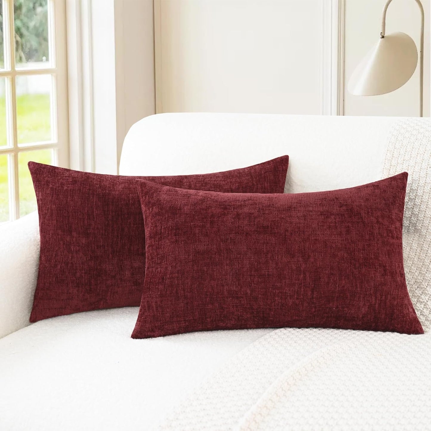 CaliTime Throw Pillow Covers Decorative 16 X 26 Inches Pack of 2 Cozy Chenille Cushion Cases for Couch Sofa Bed Living Room Home Burgundy